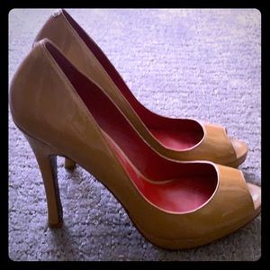Charles Jourdan Cognac Tan patent peep toe pumps